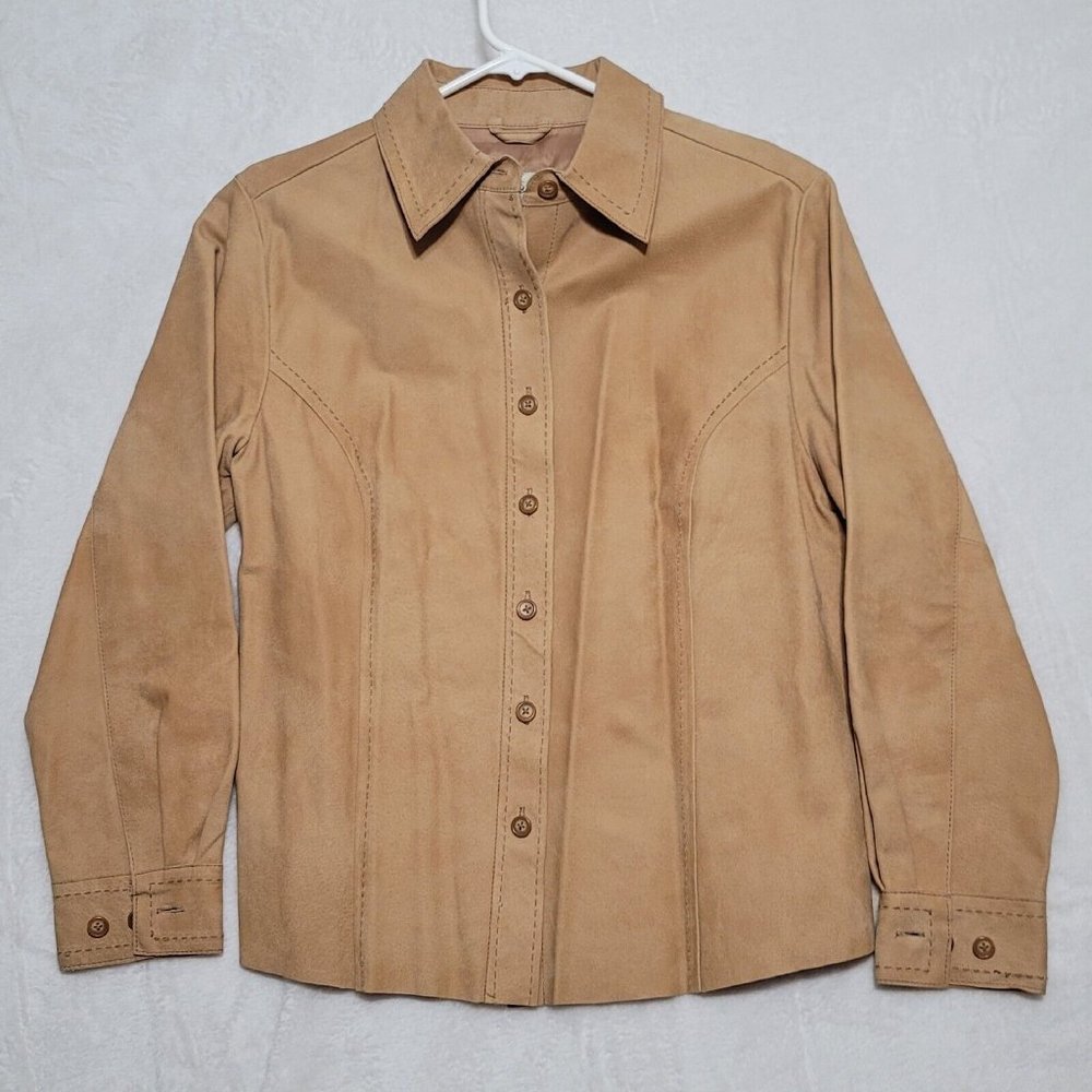 Cabela's Women's leather Jacket Sz L Button up Western tan natural coat